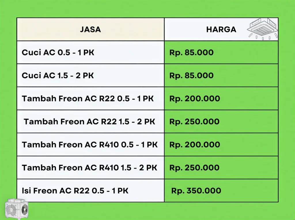 Gambar daftar harga layanan cuci AC dari Puspa Cahaya AC, menampilkan tarif transparan dan bergaransi di Jabodetabek.