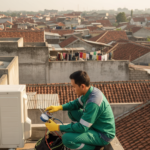 Teknisi AC sedang melakukan pengecekan unit AC