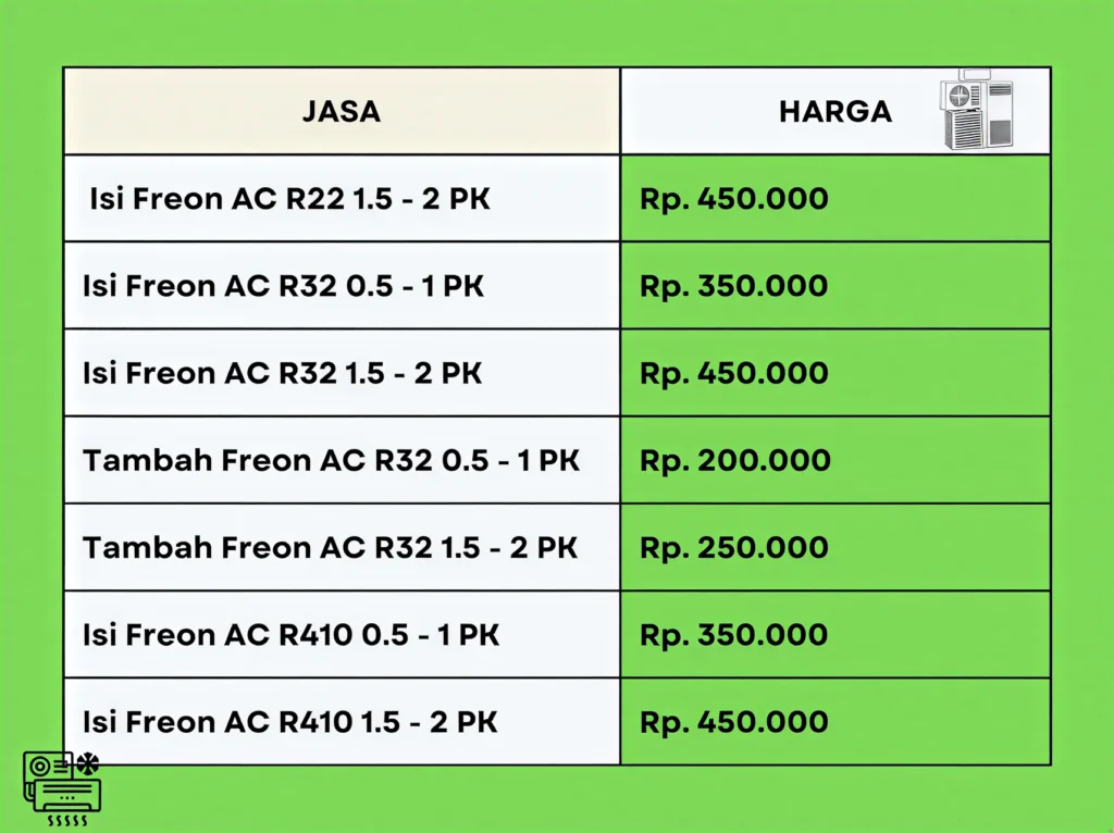 Daftar harga tambah freon AC berbagai jenis freon R22, R32, dan R410 dari Puspa Cahaya AC untuk wilayah Jabodetabek.