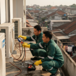 Dua teknisi AC sedang sibuk melakukan perawatan AC