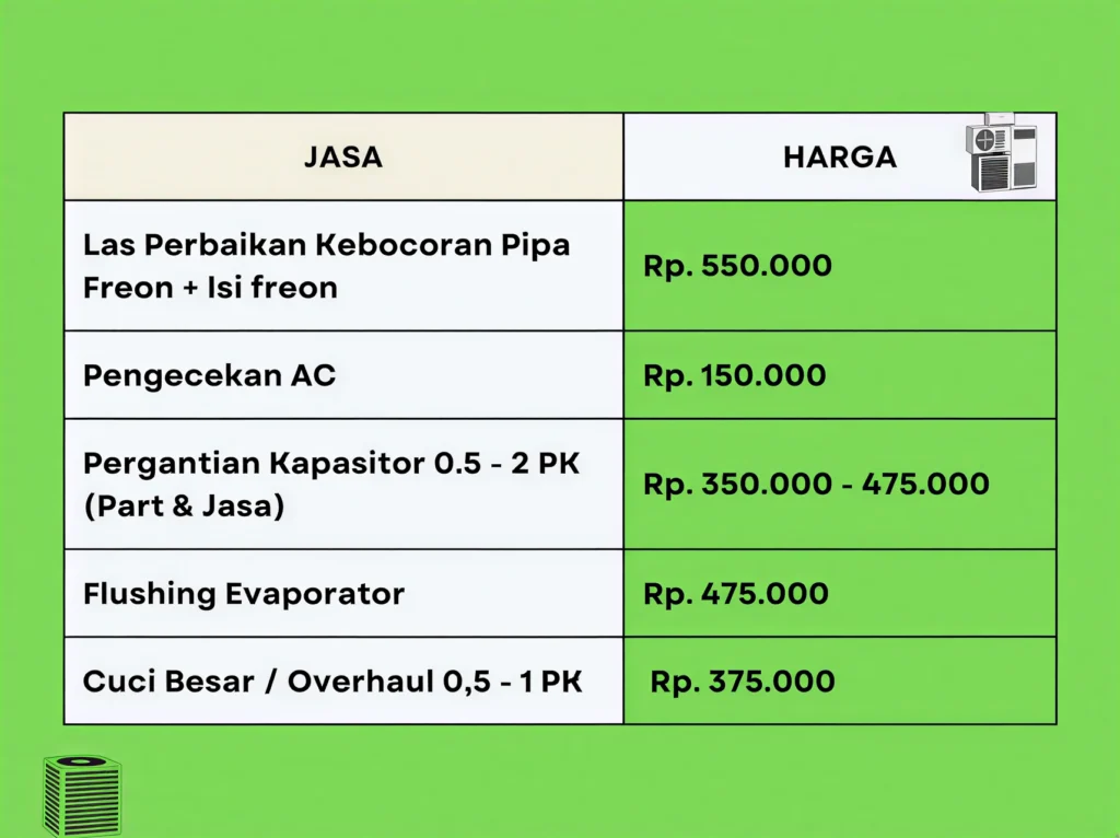 Daftar harga layanan service AC terdekat dari Puspa Cahaya AC, meliputi perawatan, pengecekan, dan servis rutin.