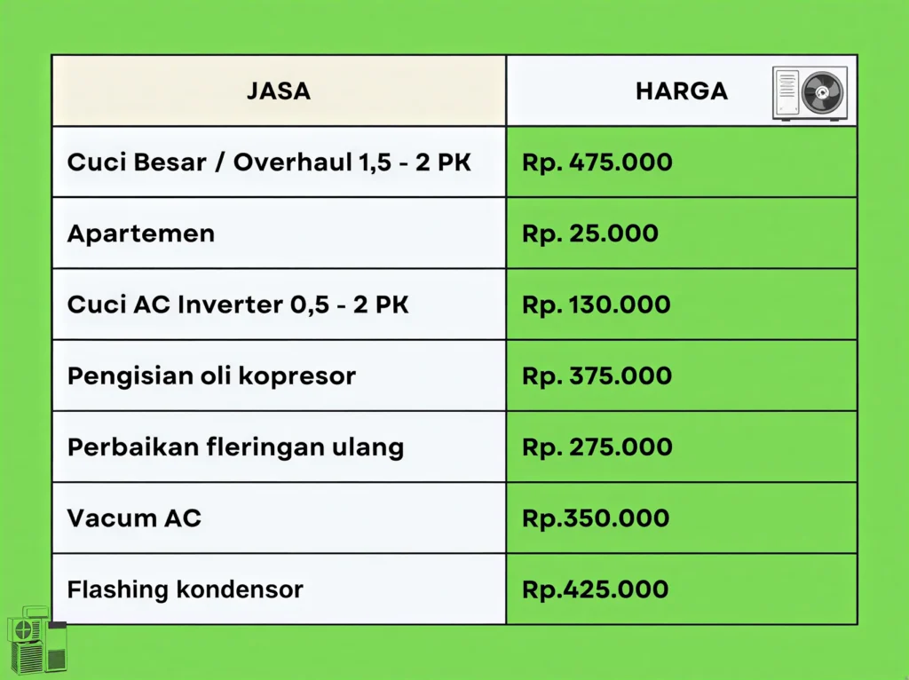 Gambar daftar harga jasa perbaikan AC rumah dan kantor dari Puspa Cahaya AC dengan teknisi profesional bersertifikat.
