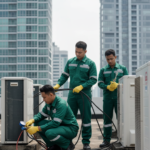 Teknisi AC sedang memperbaiki unit AC di area rooftop gedung