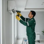 Teknisi AC sedang memasang unit AC baru di lokasi pelanggan