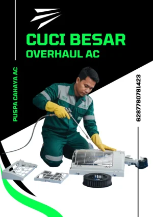 Teknisi AC sedang melakukan overhaul unit AC secara menyeluruh