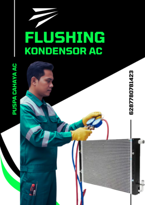Teknisi AC sedang melakukan flushing pada bagian kondensor