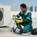 Teknisi AC sedang menambah freon pada unit AC