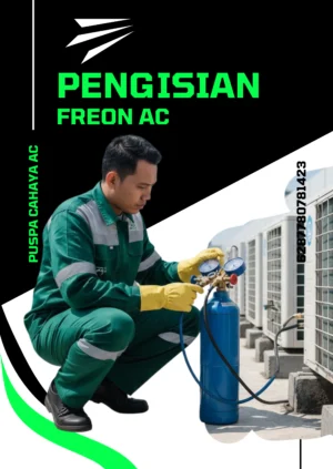 Teknisi AC sedang menambah freon menggunakan alat pengukur tekanan