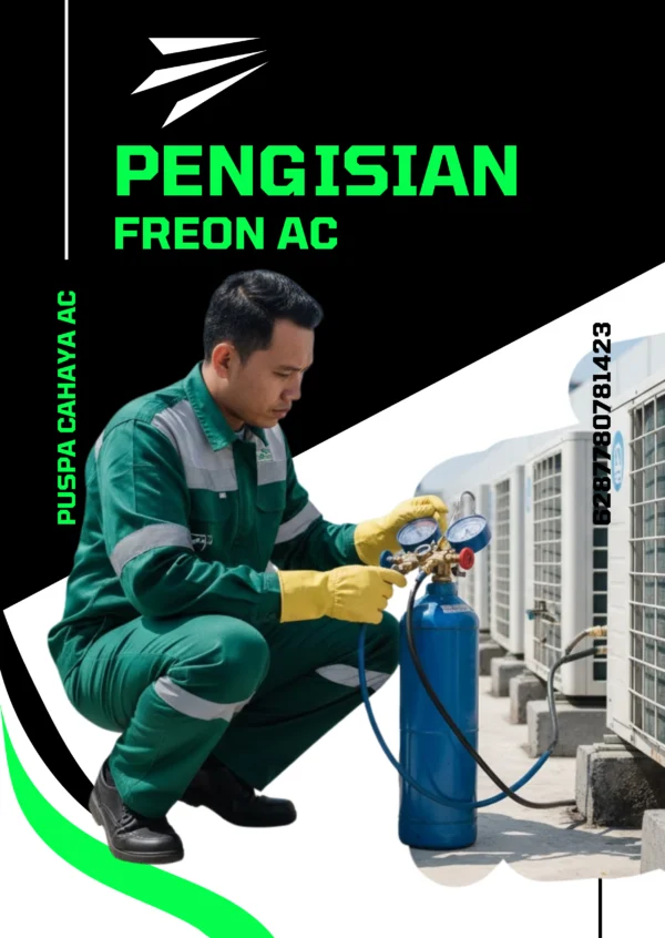 Teknisi AC sedang menambah freon menggunakan alat pengukur tekanan
