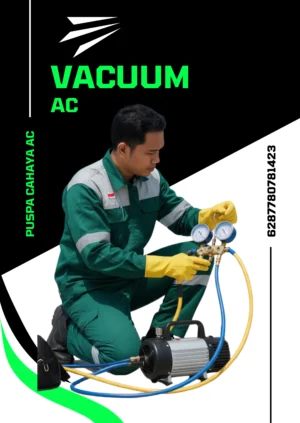 Teknisi AC sedang melakukan proses vacuum pada unit AC sebelum pengisian freon