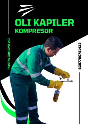 Teknisi AC sedang mengganti oli kapiler pada kompresor AC