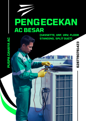 Teknisi AC sedang melakukan pengecekan AC besar tipe cassette dan VRF