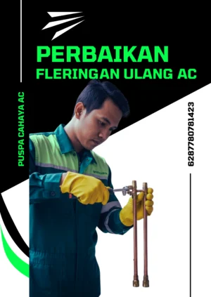 Teknisi AC sedang memperbaiki sambungan pipa dengan fleringan ulang
