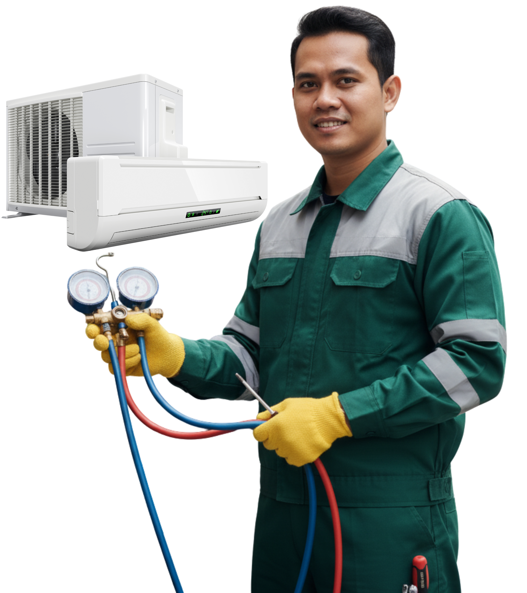 Teknisi AC sedang tersenyum sambil memegang alat service AC, mewakili layanan jasa service AC terdekat dari Puspa Cahaya AC di Jabodetabek.