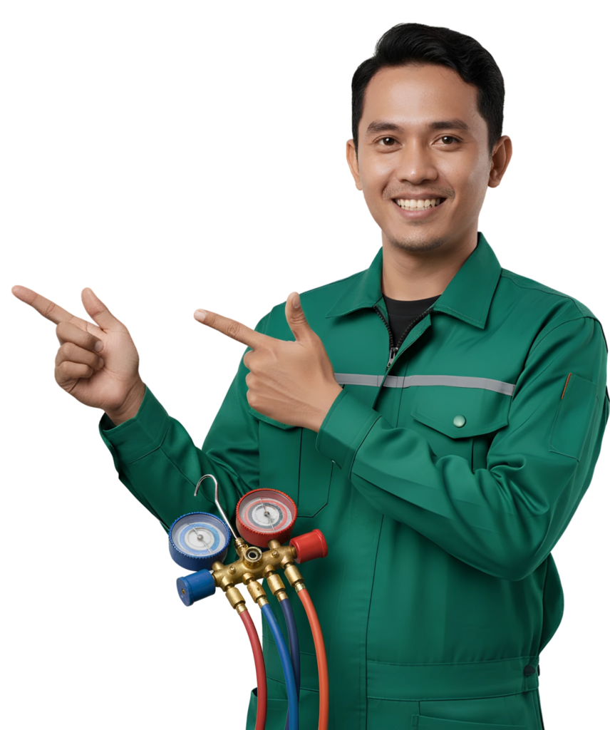 Teknisi AC Puspa Cahaya AC tersenyum setelah menyelesaikan pekerjaan, menggambarkan kepuasan pelanggan terhadap layanan service AC terdekat di Jabodetabek.