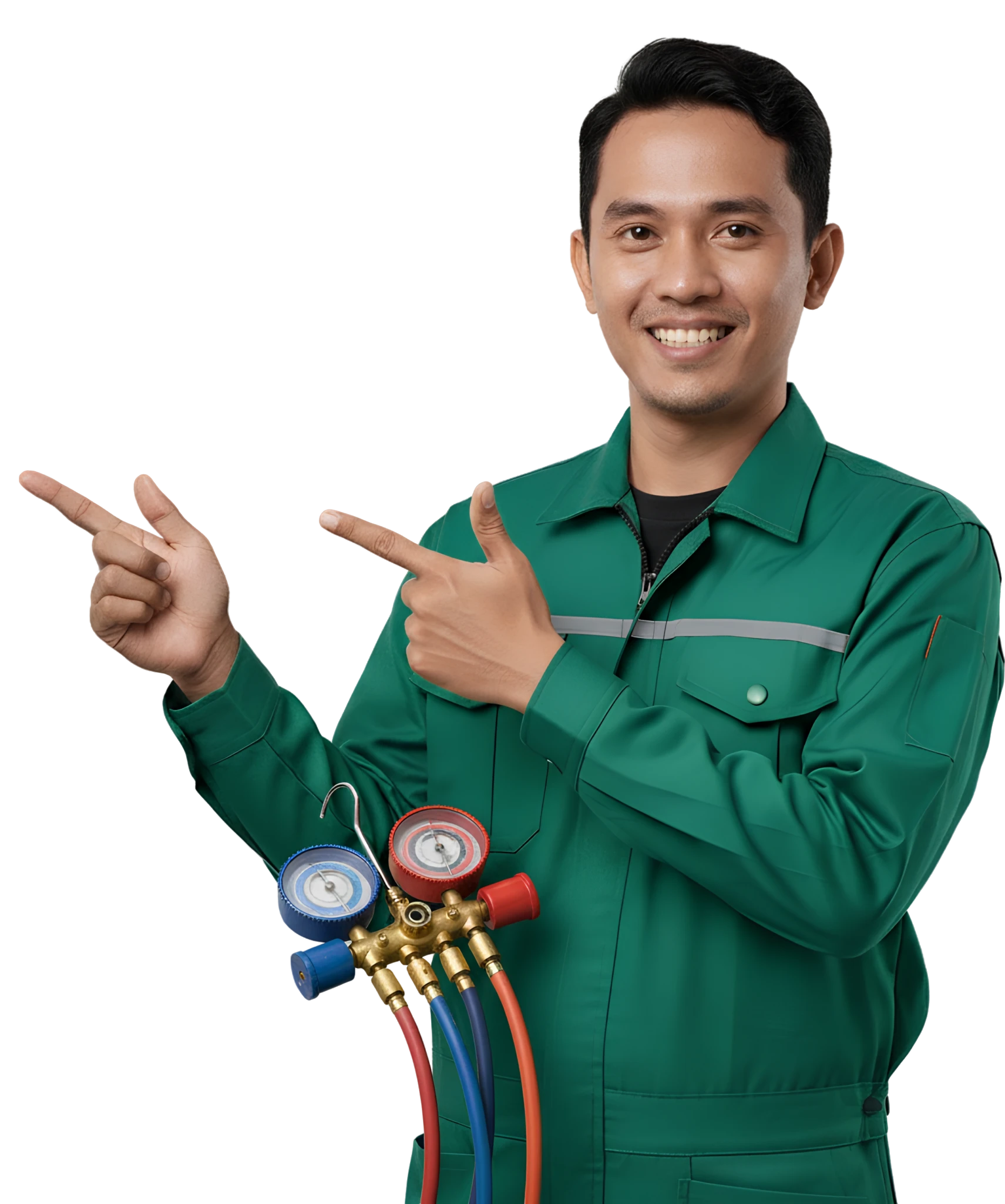 Teknisi AC Puspa Cahaya AC tersenyum setelah menyelesaikan pekerjaan, menggambarkan kepuasan pelanggan terhadap layanan service AC terdekat di Jabodetabek.