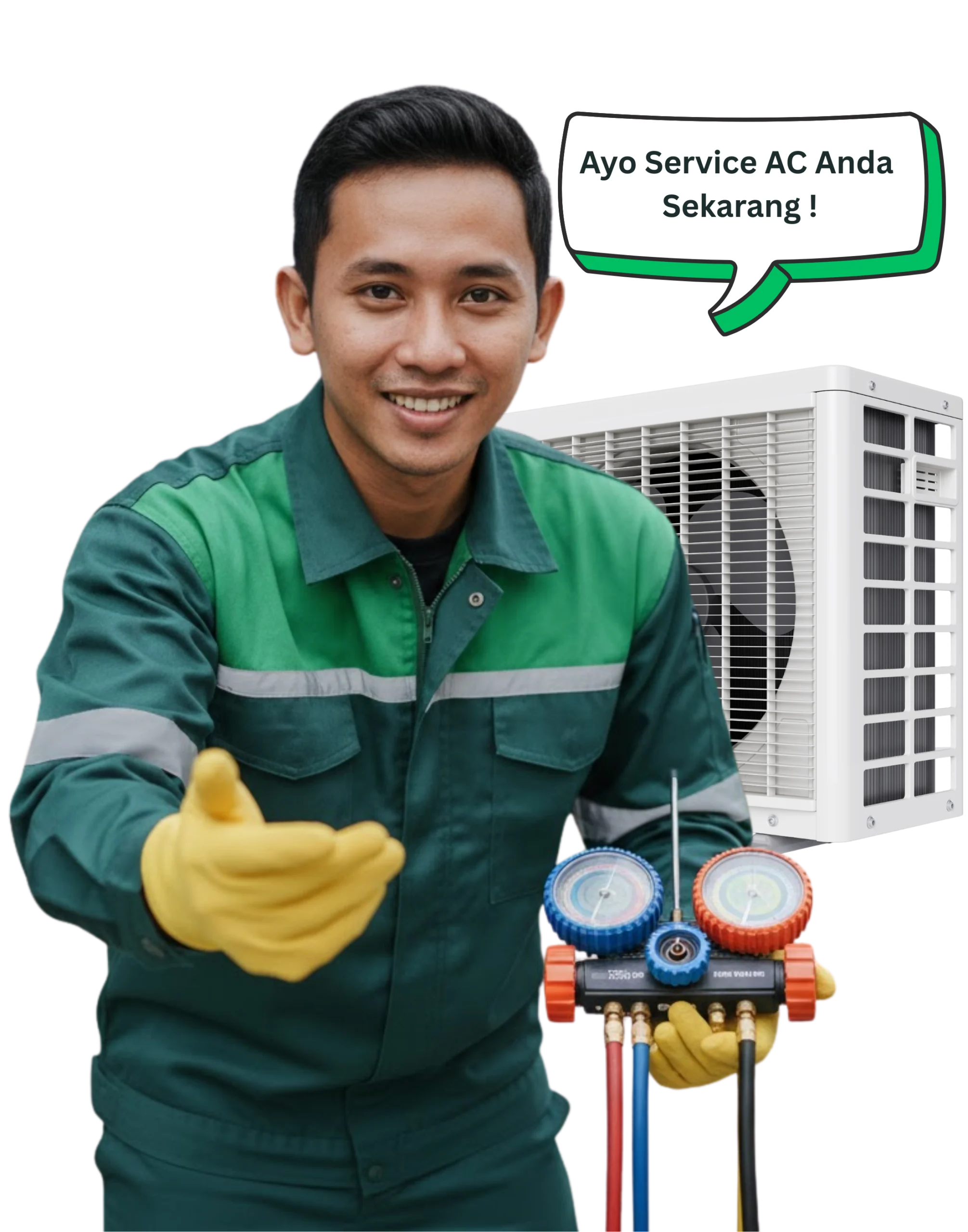 Teknisi AC memanggil pelanggan dengan ramah, mengajak untuk menggunakan layanan jasa service AC cepat dan bergaransi dari Puspa Cahaya AC.
