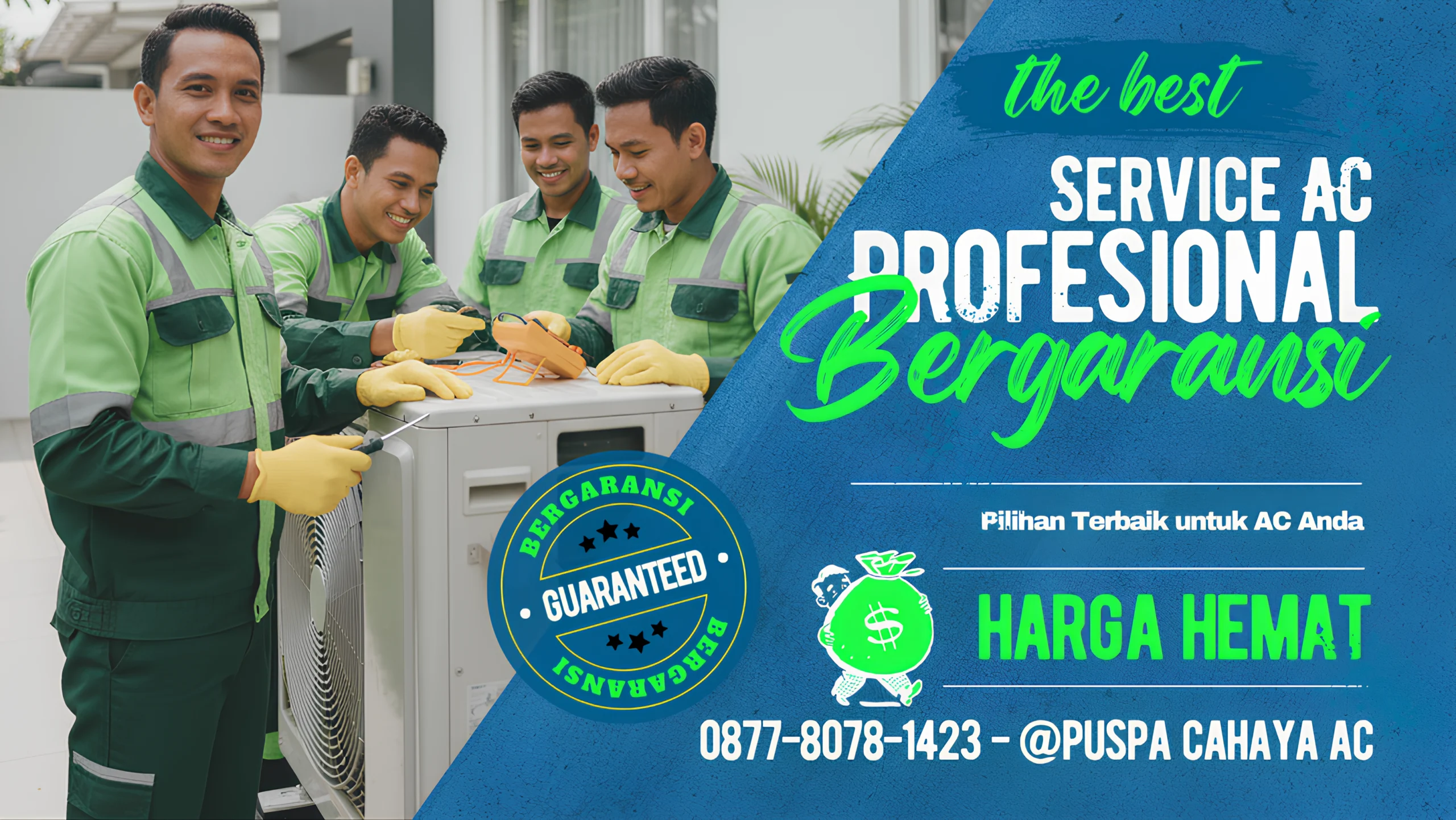 Dua teknisi AC Puspa Cahaya AC sedang memperbaiki unit AC bersama dengan alat lengkap, menggambarkan layanan jasa service AC profesional dan terpercaya di Jabodetabek.